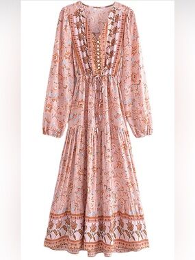Boho Floral Pink Long Sleeve Tiered Maxi Dress